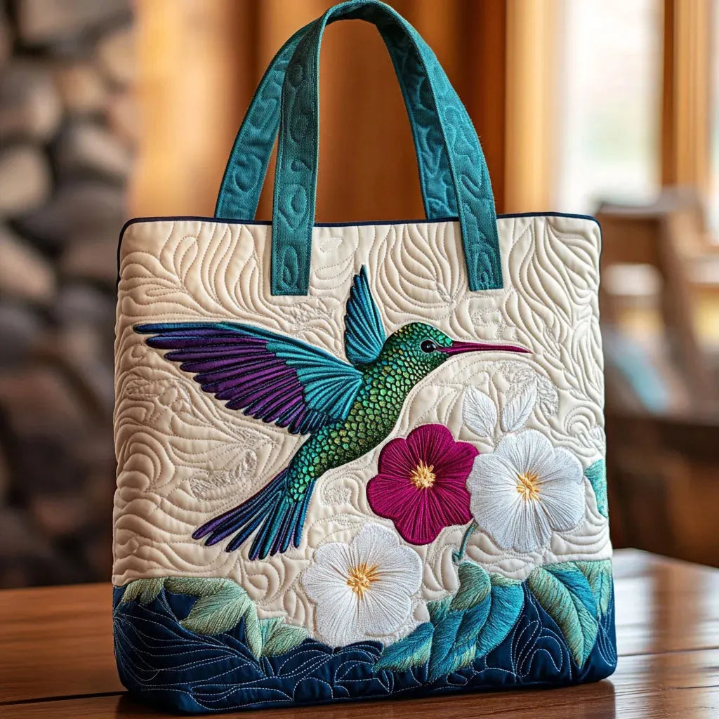 Quilt-Tote-Bag – Kolibri und weisse Blume