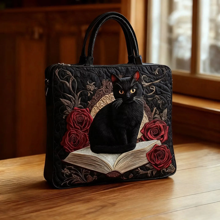 Gesteppte Handwerkstasche – Schwarze Katze und Bücher