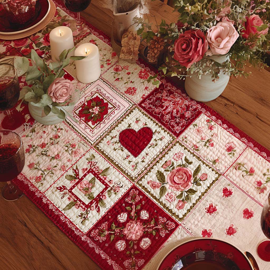 Quilt-Tischläufer mit Herzen und Rosen