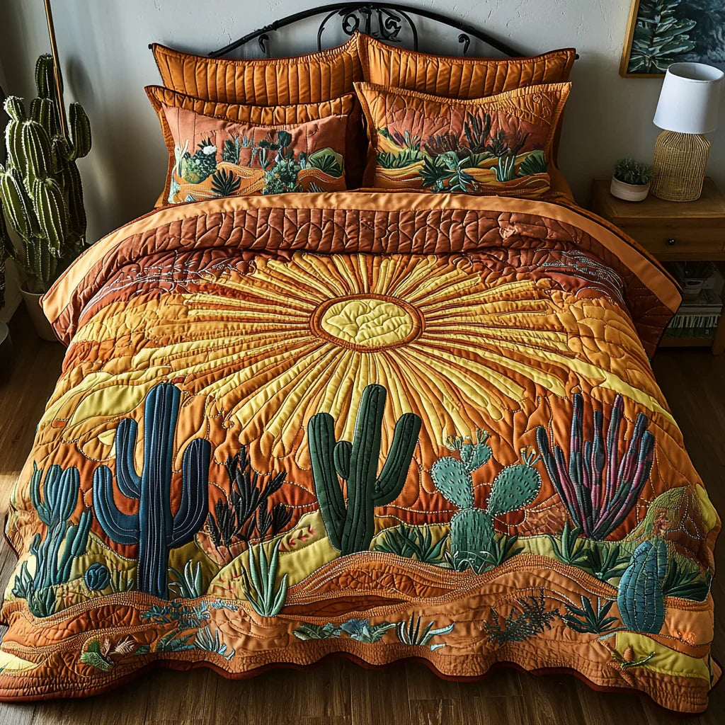 3-teiliges Steppbett-Set – Kaktus-Morgensonne