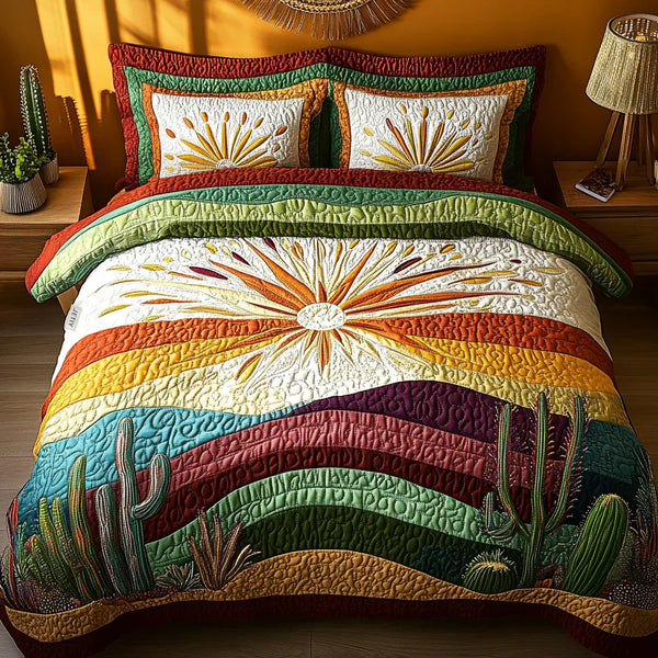 3-teiliges Steppbett-Set – Kaktus-Sonnenuntergang