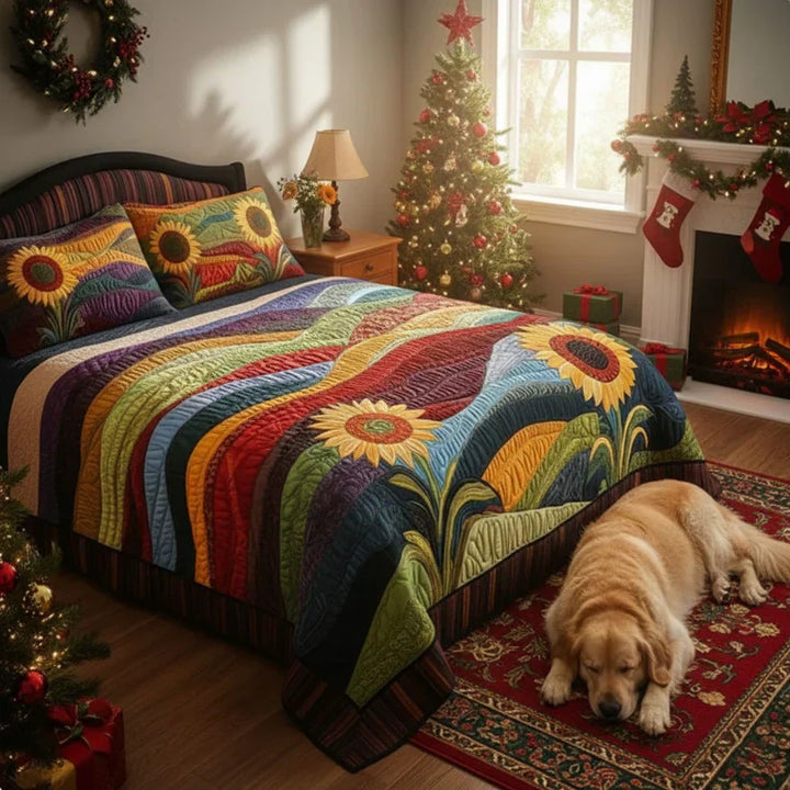 3-teiliges Steppbett-Set mit Sonnenblumenfeld-Design