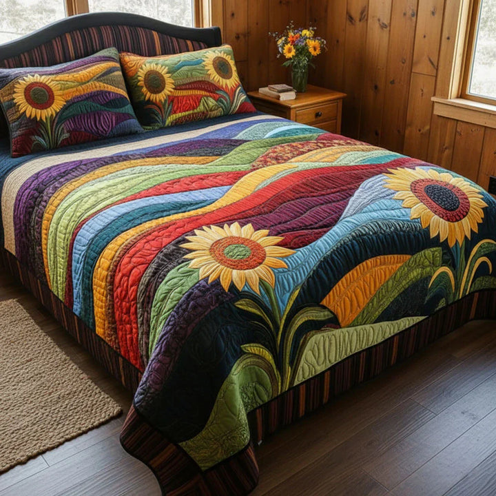3-teiliges Steppbett-Set mit Sonnenblumenfeld-Design