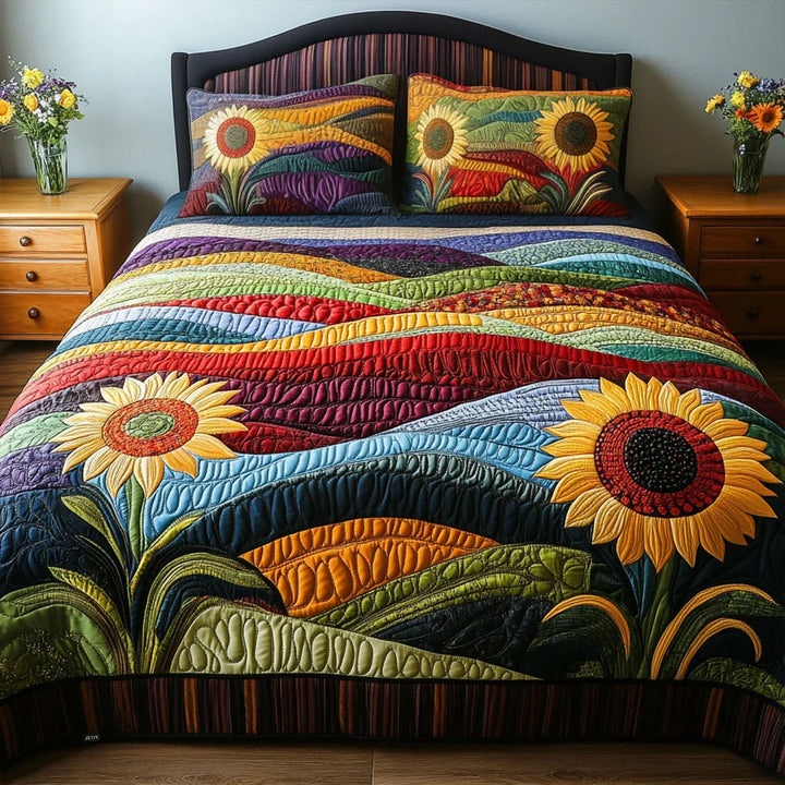 3-teiliges Steppbett-Set mit Sonnenblumenfeld-Design