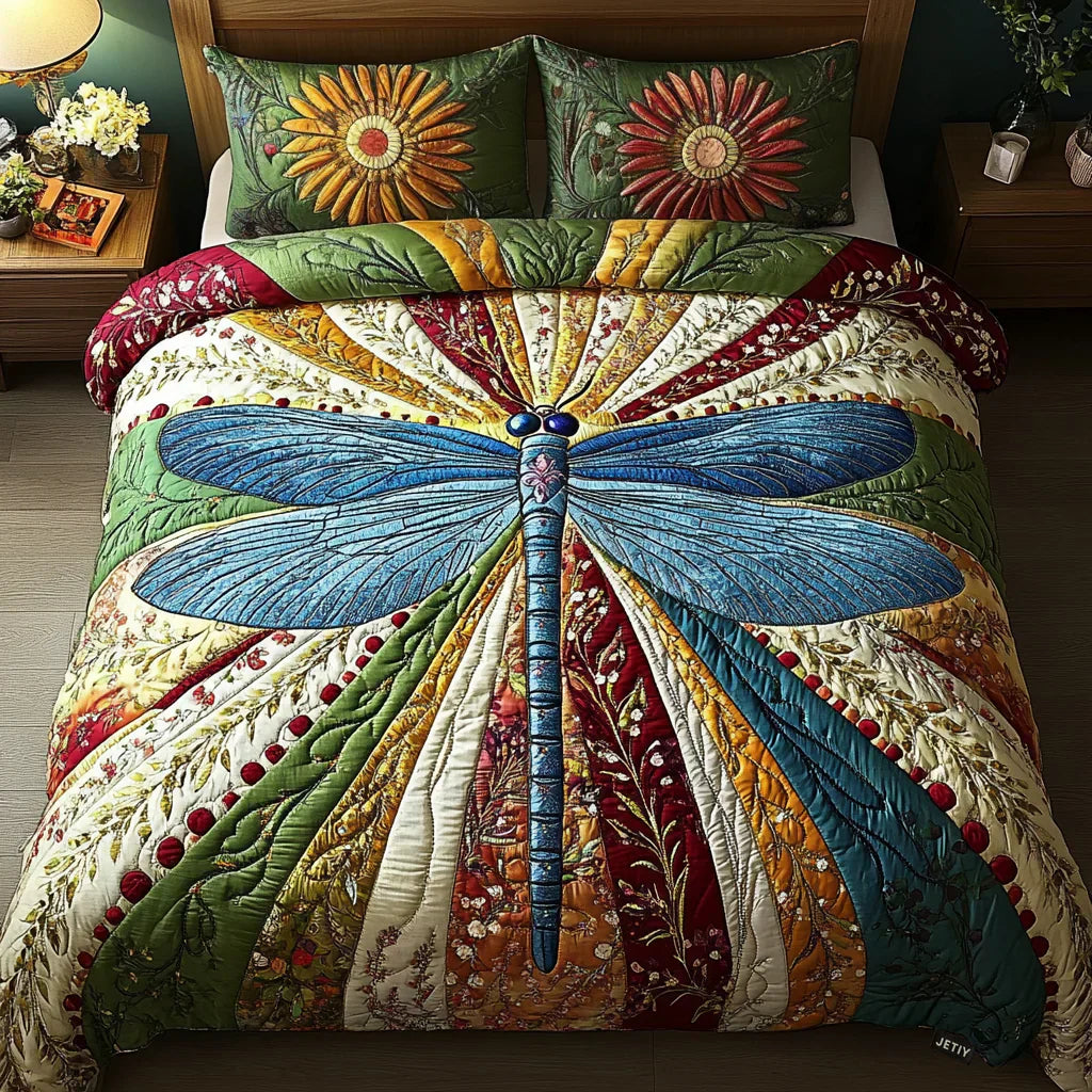 3-teiliges Steppbett-Set – Goldene-Libelle-Design