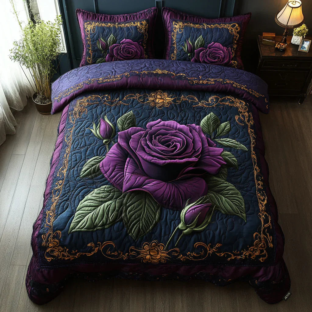 3-teiliges Steppbett-Set – Violettrosa
