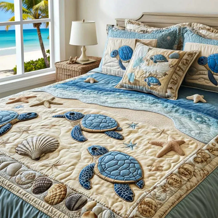 3-teiliges Steppbett-Set – Meereswellen-Design