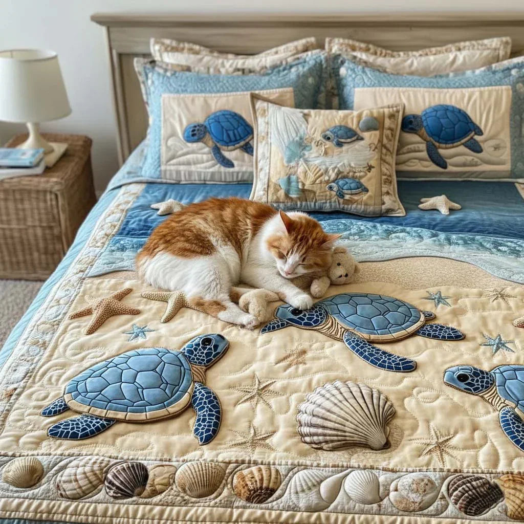 3-teiliges Steppbett-Set – Meereswellen-Design