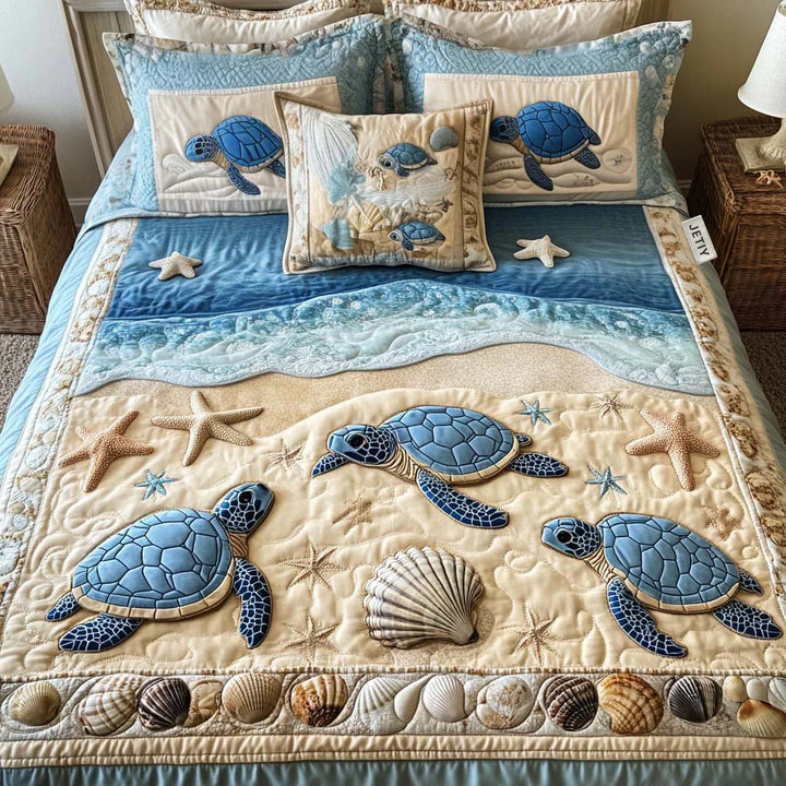 3-teiliges Steppbett-Set – Meereswellen-Design