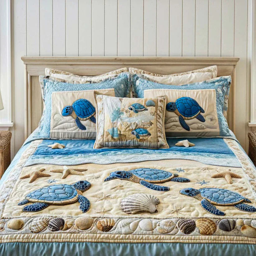 3-teiliges Steppbett-Set – Meereswellen-Design