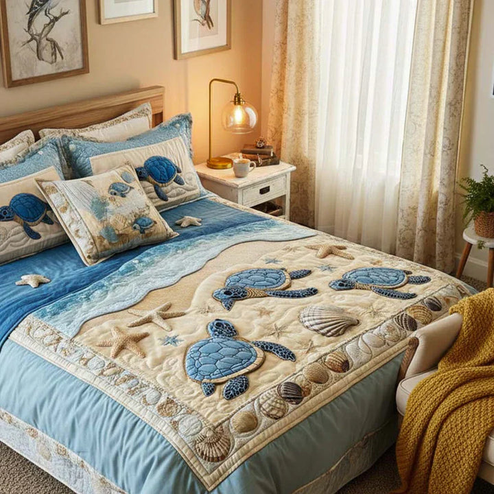3-teiliges Steppbett-Set – Meereswellen-Design