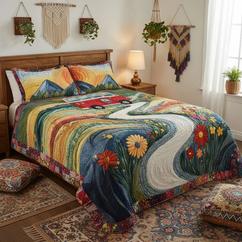3-teiliges Steppbett-Set im Vintage-Reise-Design