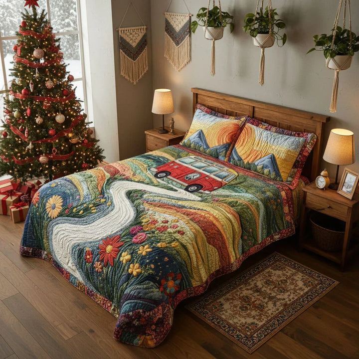 3-teiliges Steppbett-Set im Vintage-Reise-Design