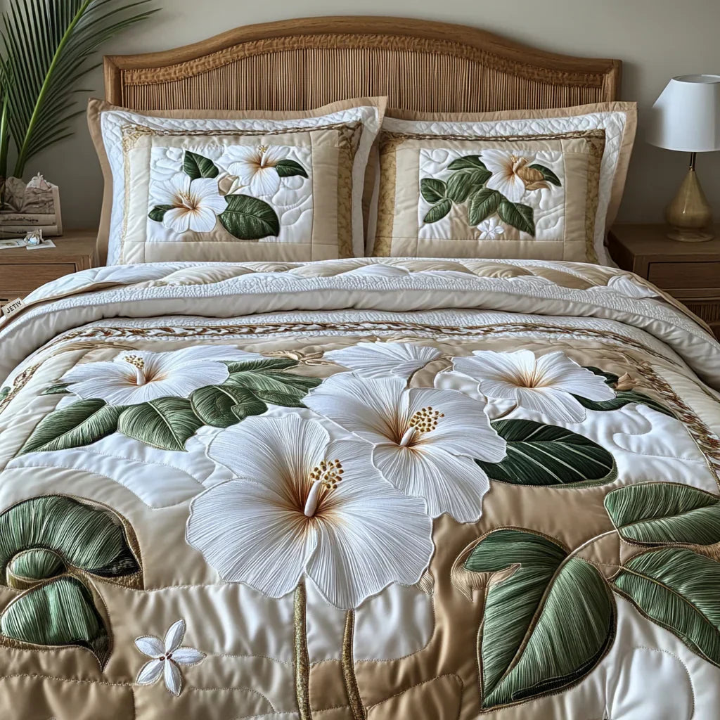 3-teiliges Steppbett-Set – Weisser Hibiskus