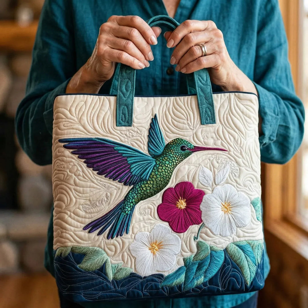 Quilt-Tote-Bag – Kolibri und weisse Blume
