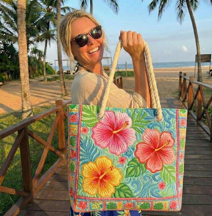 Handgefertigte Strandtasche „Tropische Blume"
